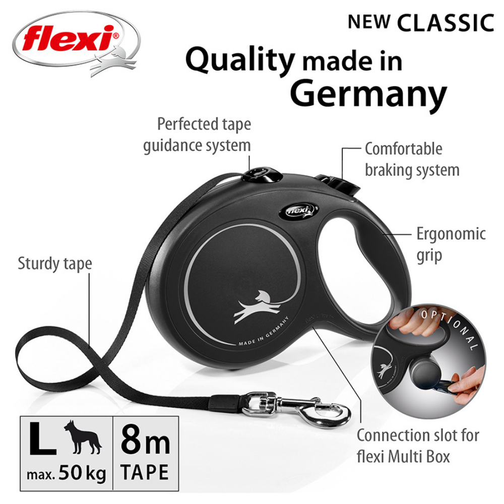 Flexi New Classic Dog Retractable Lead/ Tape/ Large/ 8m/ Black