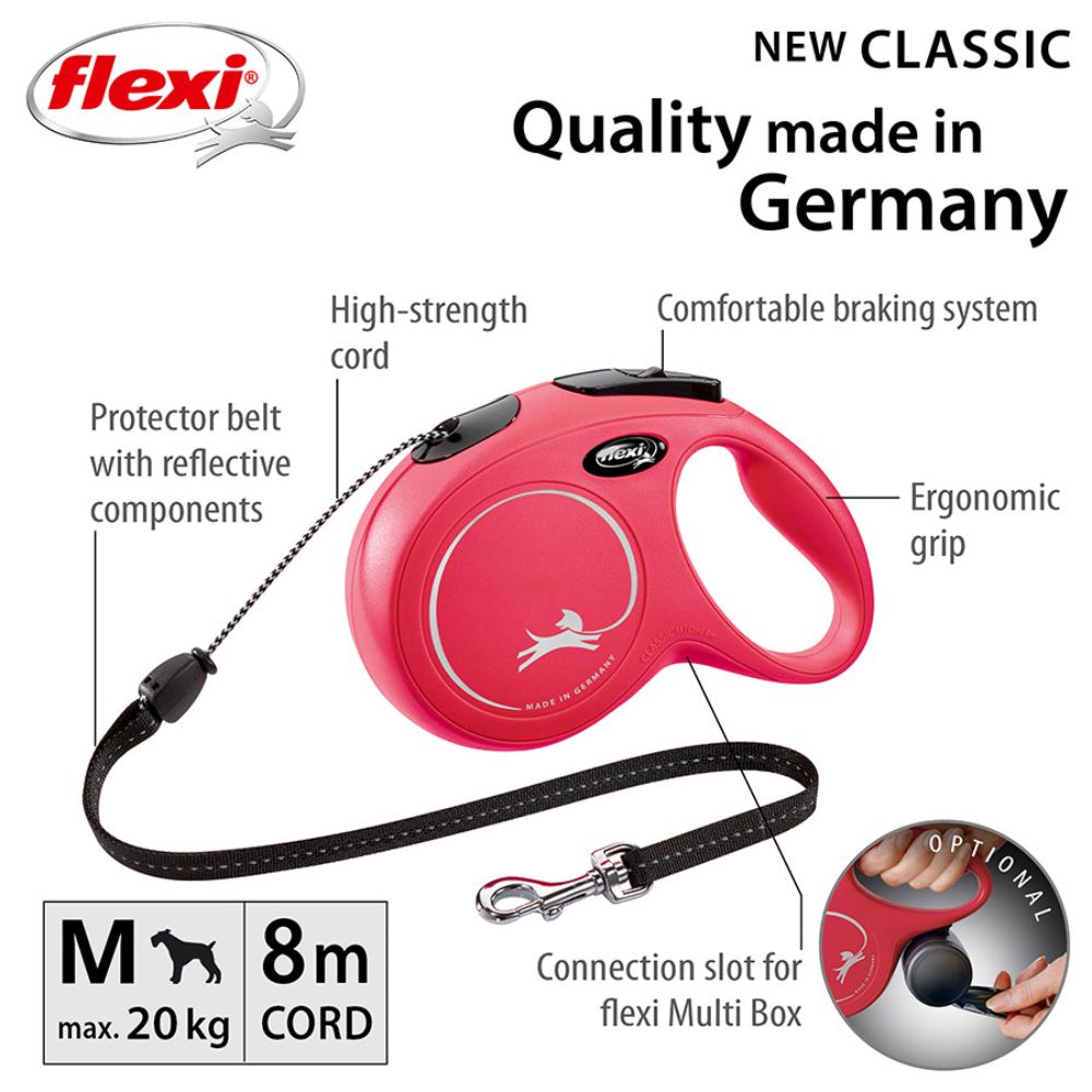 Flexi New Classic Dog Retractable Lead/ Cord/ Medium/ 8m/ Red