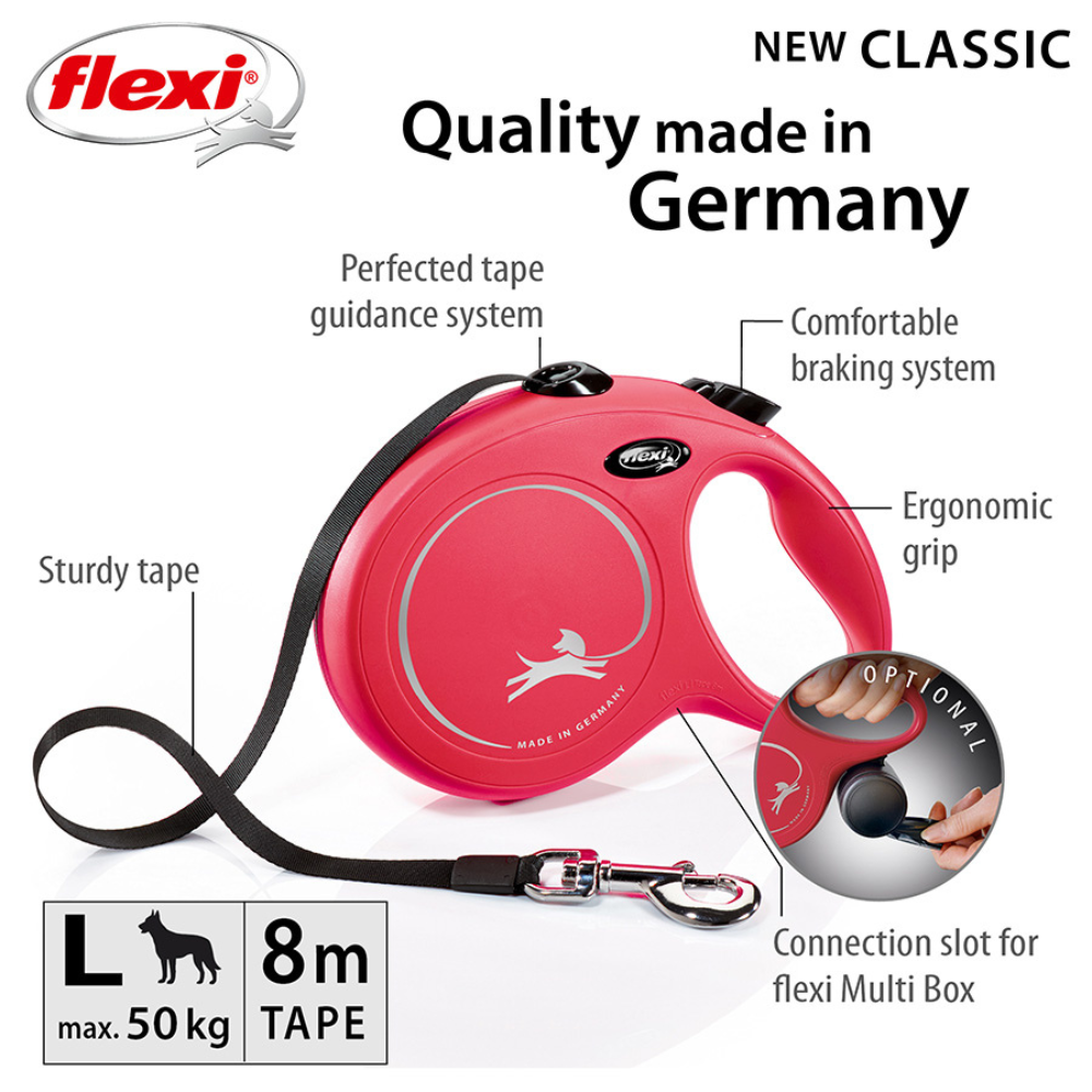 Flexi New Classic Dog Retractable Lead/ Tape/ Large/ 8m/ Red