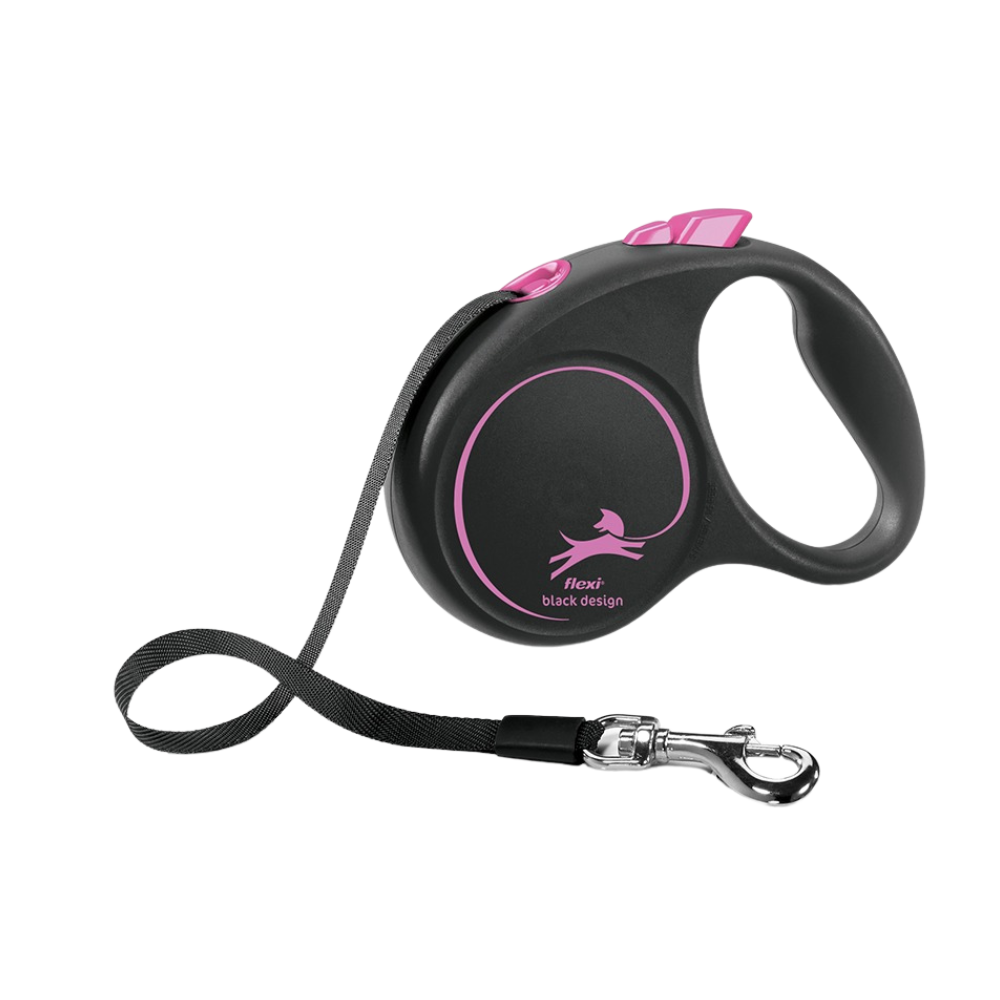 Flexi Black Design Dog Retractable Lead/ Tape/ Small/ 5m/ Black and Pink