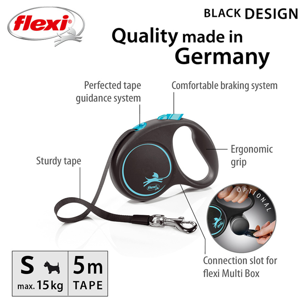 Flexi Black Design Dog Retractable Lead/ Tape/ Small/ 5m/ Black and Blue