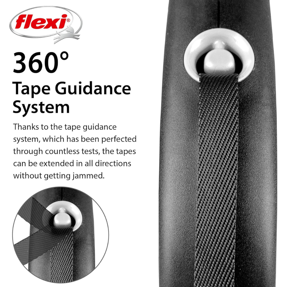 Flexi Black Design Dog Retractable Lead/ Tape/ Medium/ 5m/ Black and Silver