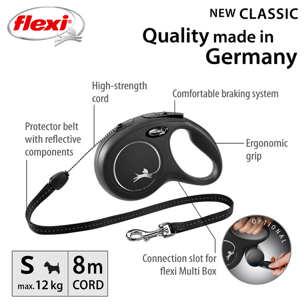 Flexi New Classic Dog Retractable Lead/ Cord/ Small/ 8m/ Black