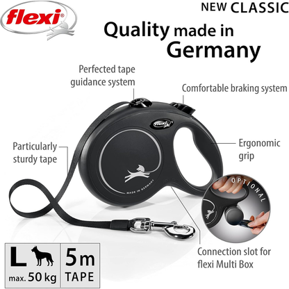Flexi New Classic Dog Retractable Lead/ Tape/ Large/ 5m/ Black