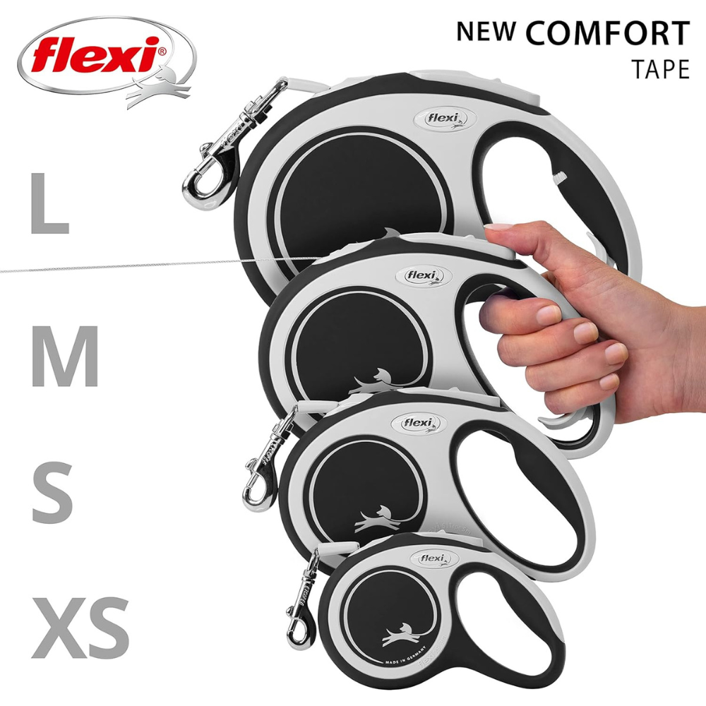 Flexi New Comfort Dog Retractable Lead/ Tape/ Large/ 8m/ Black and Silver