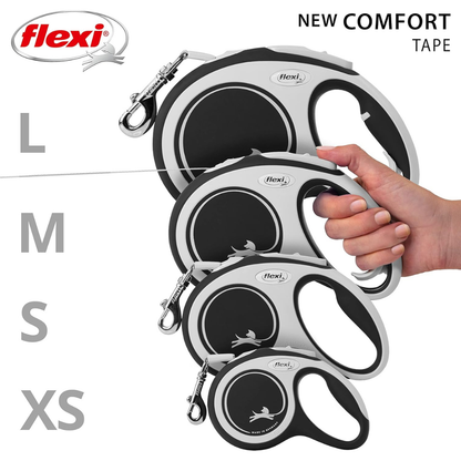 Flexi New Comfort Dog Retractable Lead/ Tape/ Large/ 8m/ Black and Silver