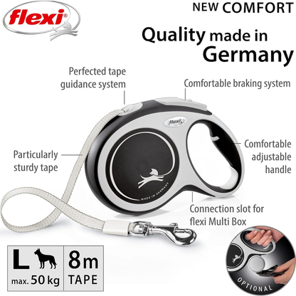 Flexi New Comfort Dog Retractable Lead/ Tape/ Large/ 8m/ Black and Silver
