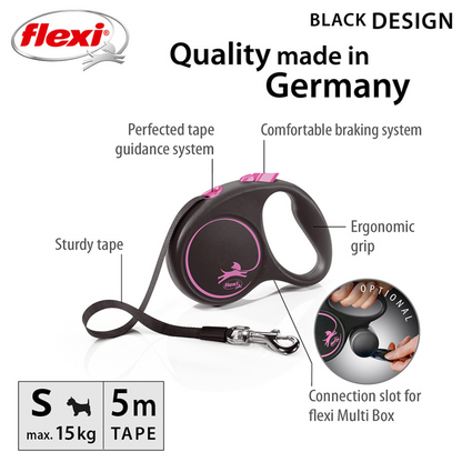 Flexi Black Design Dog Retractable Lead/ Tape/ Small/ 5m/ Black and Pink