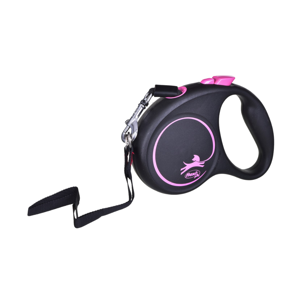 Flexi Black Design Dog Retractable Lead/ Tape/ Small/ 5m/ Black and Pink