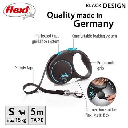 Flexi Black Design Dog Retractable Lead/ Tape/ Small/ 5m/ Black and Blue